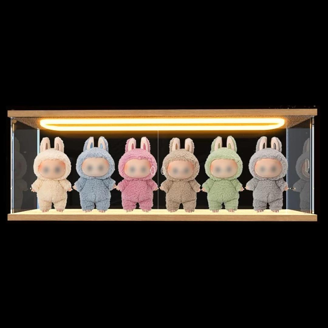 Clear Acrylic Display Case for LABUBU Doll Figures with LED Light, Wooden Display Box for POPMART The Monsters for Crybaby for SKULLPANDA Collectibles for Funko Pop with Door, 23.6x3.9x7.9in