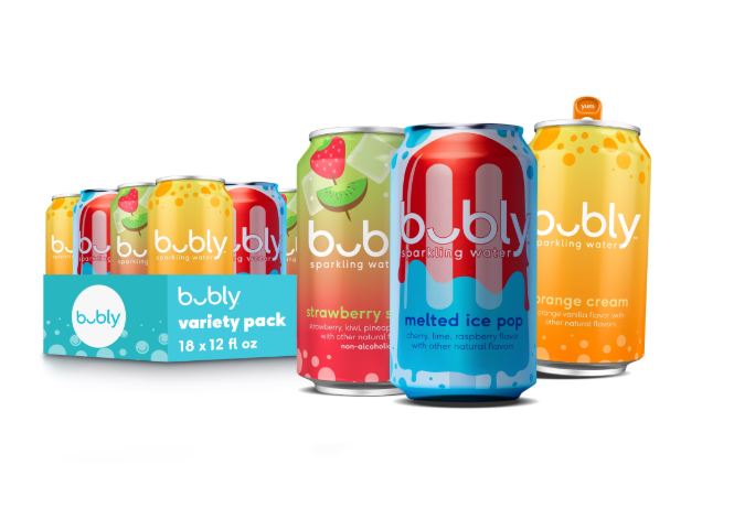 bubly Sparkling Water, Melted Ice pop, Strawberry Sunset, Orange Cream, Zero Sugar & Zero Calories, Seltzer Water, 12 fl oz Cans, 18 pack BBD: 5 Oct 2026