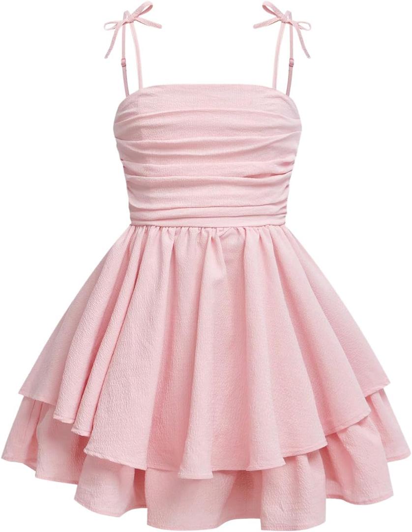 RoseSeek Girl's Flowy Cami Dress Ruched Sleeveless Pink Layered Ruffle Kawaii Short Smocked Summer Dresses, Size 10 Years 