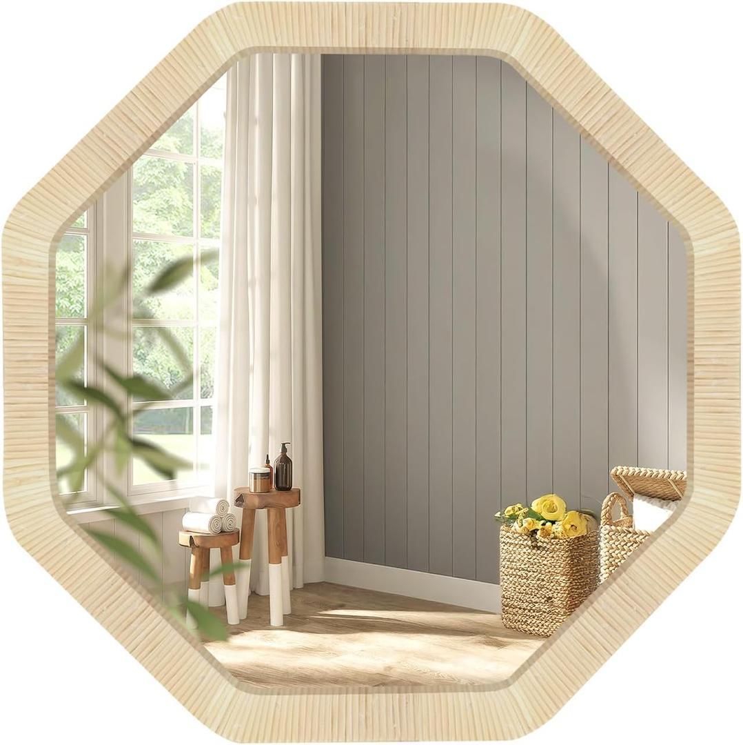 ULIKE Rattan Mirror for Wall, Bathroom 24 Inch Rustic Farmhouse Wall Decor with Handmade Wicker Frame, Boho Woven Mirror for Nursery Bedroom Living Room Entryway (Octagonal)
