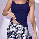 Eomenie Women's Swimsuit Tankini Set Modest Tummy Control Slimming Bathing Suits Two Piece Swim Suit with High Waisted Short (Large, Navy Blue Leaf)