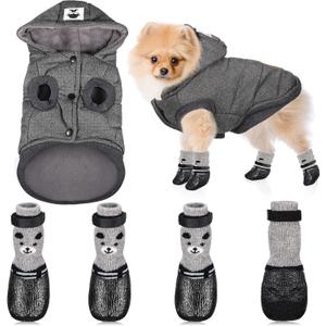 Winter Dog Coat Warm and Cat Boots Shoes Socks Waterproof Puppy Jacket  Dog Booties Paw Protectors Stylish Hooded Coat for Puppy(Grey,M)