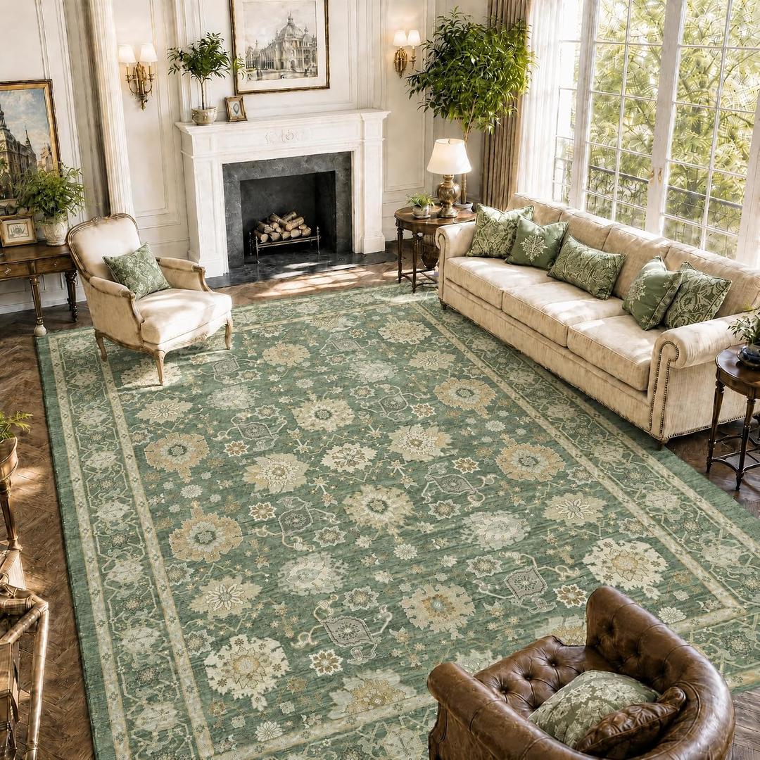 Amada Vintage Washable Area Rug,8'x10',Olive Green