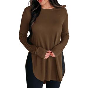 BZB Womens Long Sleeve Tunic Tops Fall Casual Crew Neck Side Split Hi-Low Hem Loose Shirts To Wear With Leggings (Brown, L)
