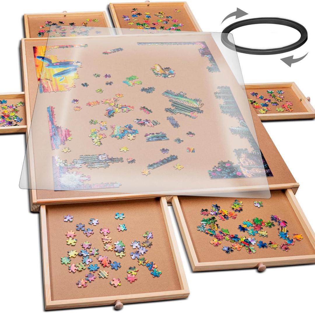 PlayVibe 1500 Piece Rotating Puzzle Board with Drawers and Cover - Sturdy Jigsaw Puzzle Table with 6 Drawers 26" x 35" - Portable Puzzles Boards with Lazy Susan, Wooden, Spinning Puzzles Accessories (1500 pcs - Rotating)