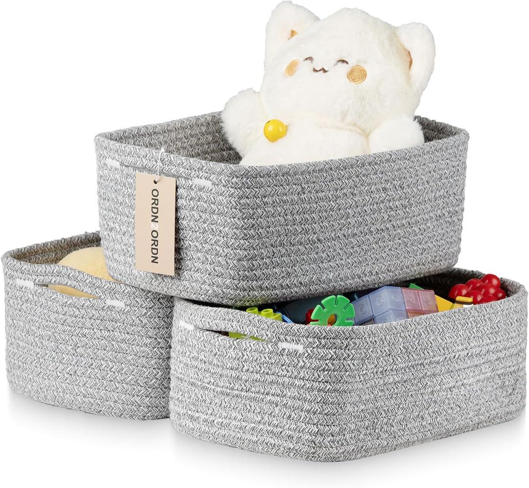 Small Storage Baskets for Organizing, Woven Storage Bins for Shelves, Gift Basket Empty, Cute Decorative Closet Organizer, Baby Rope Basket, Dog Toy Storage, 11x7.5x4.5, 3Packs Mixed Gray