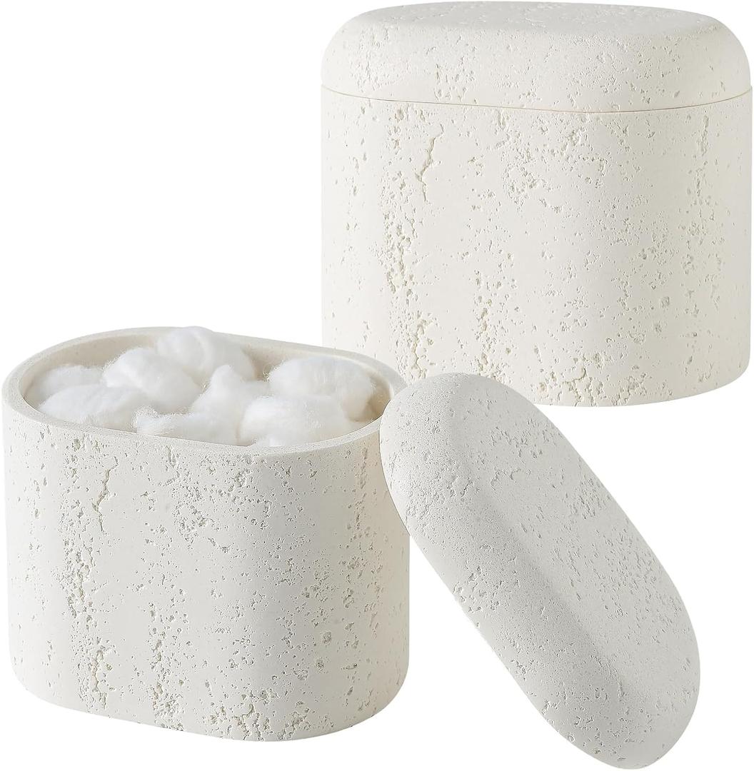 Bathroom Qtip Holder Container, 2-Pack, Travertine Stone Look Storage Jars for Cotton Swabs, Jewelry, Floss Picks, Bathroom Essentials Decor Restroom Vanity Decor (White)