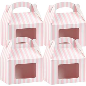 Bio Tek 4 x 2.5 x 2.5 Inch Gable Boxes For Party Favors, 25 Attractive Gift Boxes - Striped Pattern, Pink And White Paper Barn Boxes, Clear PET Window, With Built-In Handle