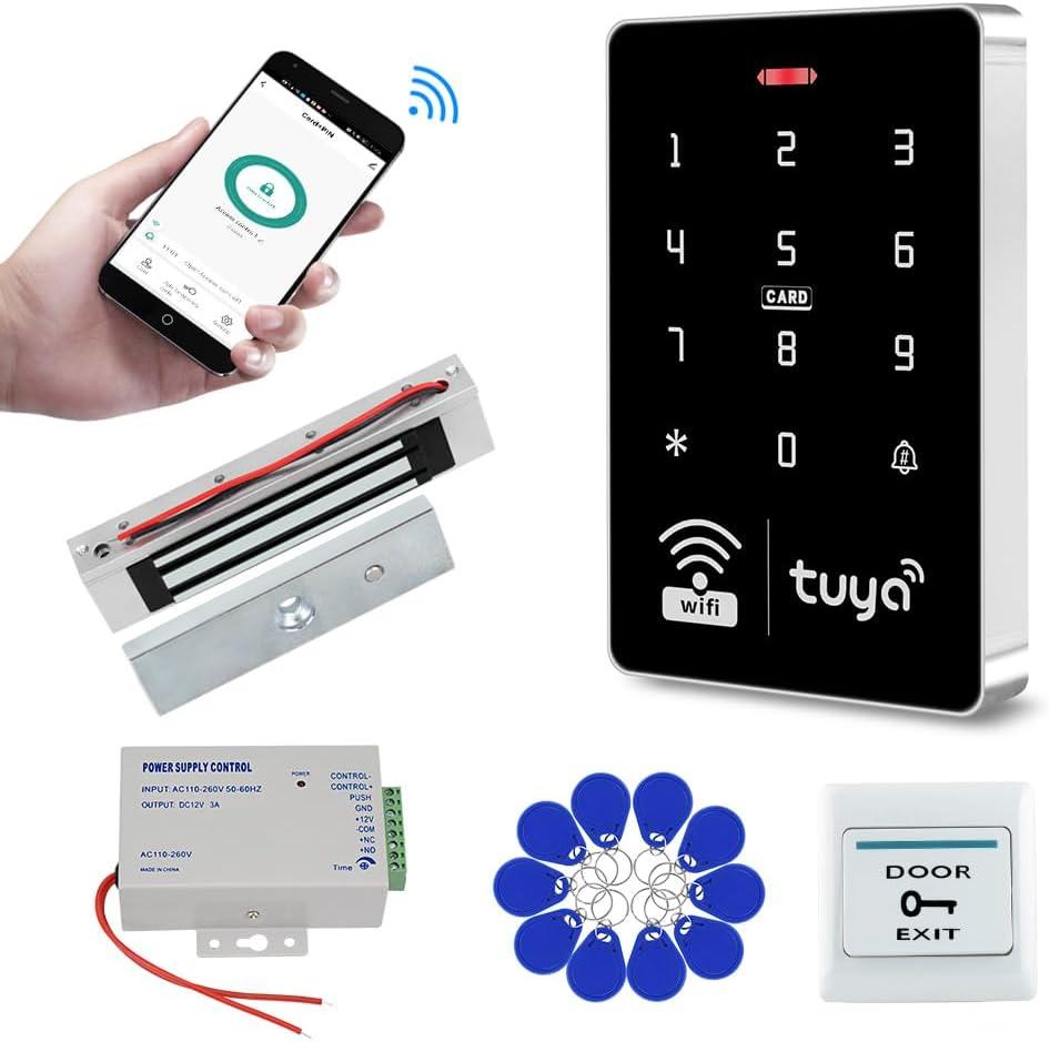 WiFi Tuya Access Control System Kit Outdoor Waterproof RFID Access Controller Touch Keypad 125KHz 13.56MHz + 180KG Electric Magnetic Lock, Smart Phone APP Password Unlock