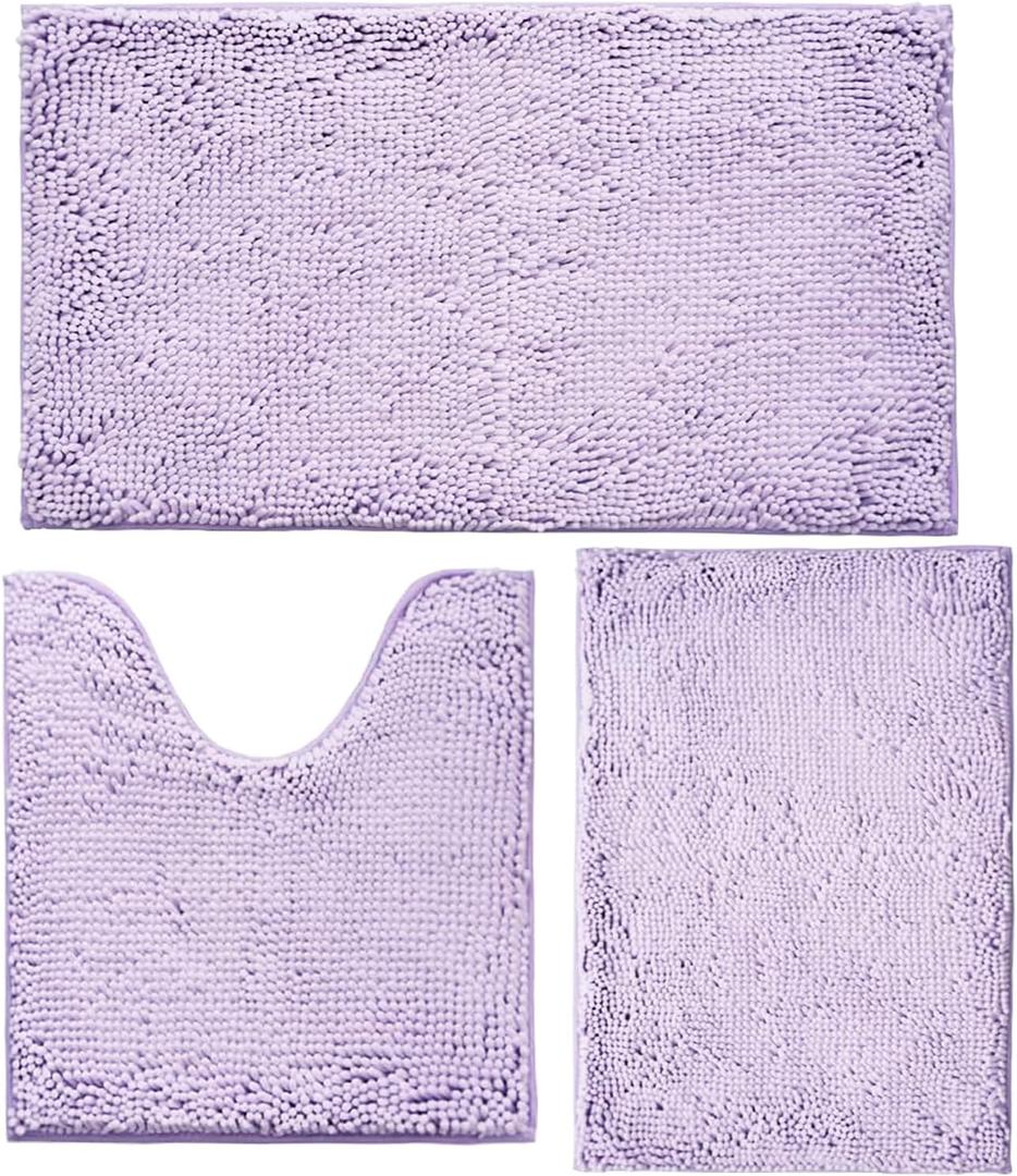 Bathroom Rugs Sets 3 Piece Non Slip,Bath Rugs with PVC Backing Bath Carpet,Bathroom Rug Washable,Absorbent,Plush Carpet Mats,Bath Mats for Bedroom, Kitchen,Tub,Home Decor (Lavender) (16x24"+20x20"U shape+20x32")