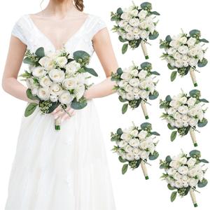 Bridesmaids Bouquets for Wedding - Set of 6 Realistic Artificial Rose Eucalyptus Silk Bride Flowers for Bridal Shower Ceremony Decorations - Ivory White