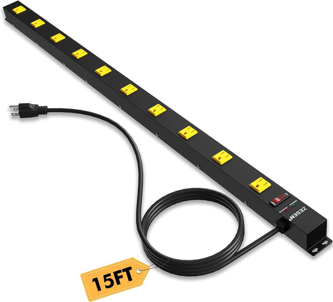 10 Outlet Long Power Strip Wide Spaced Metal Power Strip with 15FT Cord