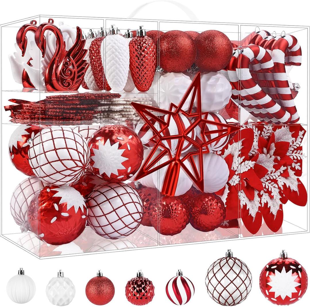 Alupssuc 128pcs Christmas Balls Ornaments Set, Shatterproof Plastic Baubles Christmas Flowers, Ribbon, Tree Topper for Xmas Tree Holiday Wedding Party Decorations with Hanging Strings, Red and White