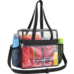 Paxiland Clear Bag for Stadium Events 12x6x12, Large Clear Tote Lunch Bag Stadium Approved with Reinforced Shoulder Straps for Concert Outfits and Festival, Transparent Handbag for men - Black