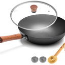 WANGYUANJI Carbon Steel Wok Pan 11 Inch  Round Bottom Traditional Pow Wok (Requires Gas Stove & Wok Ring)  No Coating Hand Hammered Stir Fry Pan with Lid & Detachable Handle