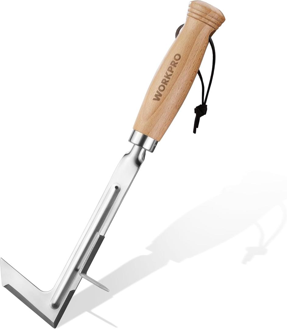 WORKPRO Crack Weeder, 12" Stainless Steel Crevice Weeding Tool with Beech Wood Handle, L-Shaped Side-Walk Weed Puller Spatula, for Garden Lawn Yard Patio Terrace Paving Moss, Small Gardening Tool