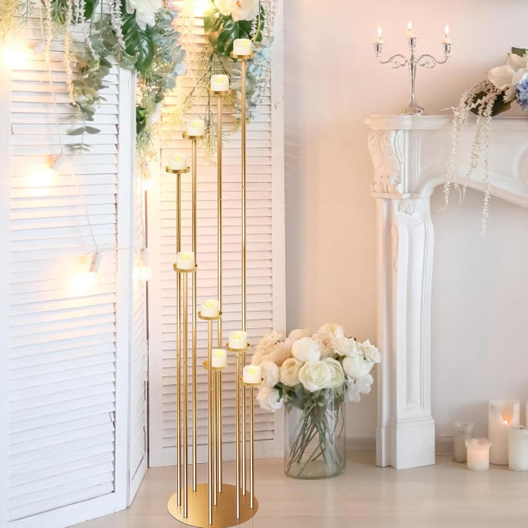GENMOUS - Portavelas de metal dorado de 46 pulgadas con 9 brazos, candelabro de suelo con base de 9.44 pulgadas, candelabros de pilar alto para bodas, decoracin del hogar, Halloween y fiesta de