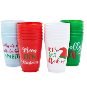 Christmas Plastic Party Cups - 24-Pack Reusable Tumblers, 16-Ounce Plastic Cups Holiday Party Supplies, 4 Assorted Festive Drinking Pun Designs, Red, Green, and White, 3.5 x 4.5 Inches