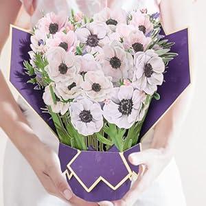 Pop Up Flower Birthday Cards for Women, 12inch Anemone Paper Flower Bouquets 3D Popup Greeting Cards with Blank Note Card and Envelope for Mother's Day, Holiday Decorations, Graduations