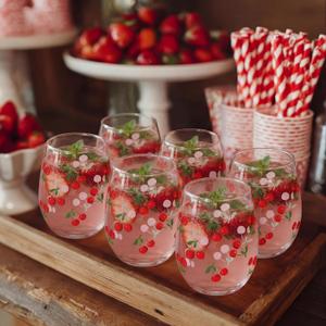 Maxcheck 6 Pcs Cherry Glass Set 18 oz Summer Stemless Glasses with Red Cherry Designs for Summer Wedding Birthday Present Holiday Party Gift