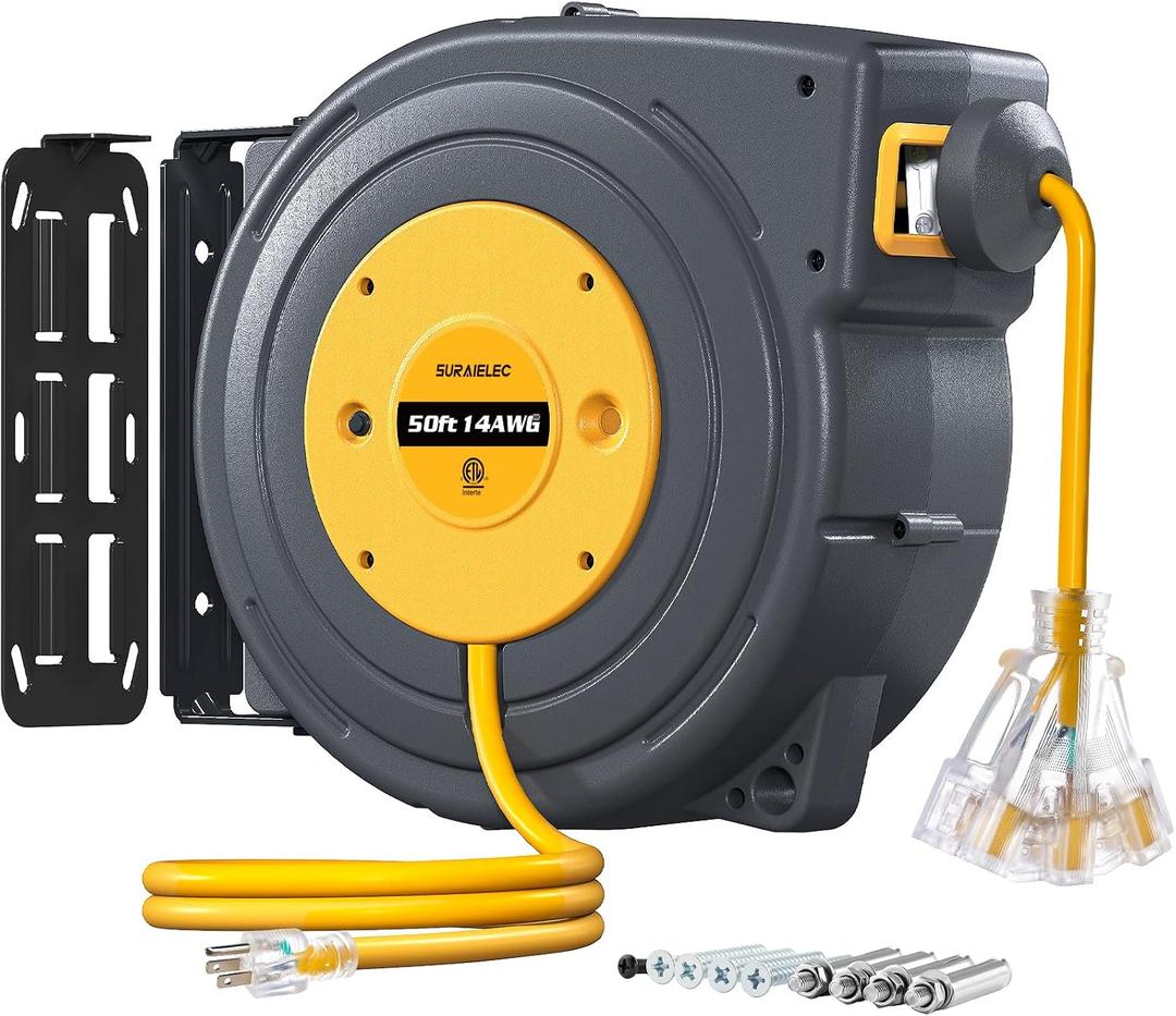 SURAIELEC 50 FT Extension Cord Reel, 14 Gauge Retractable Extension Cord, SJTOW 14 AWG/3C Heavy Duty Power Cord, 13 AMP Circuit Breaker, Lighted Triple Tap, Ceiling or Wall Mount, ETL Listed