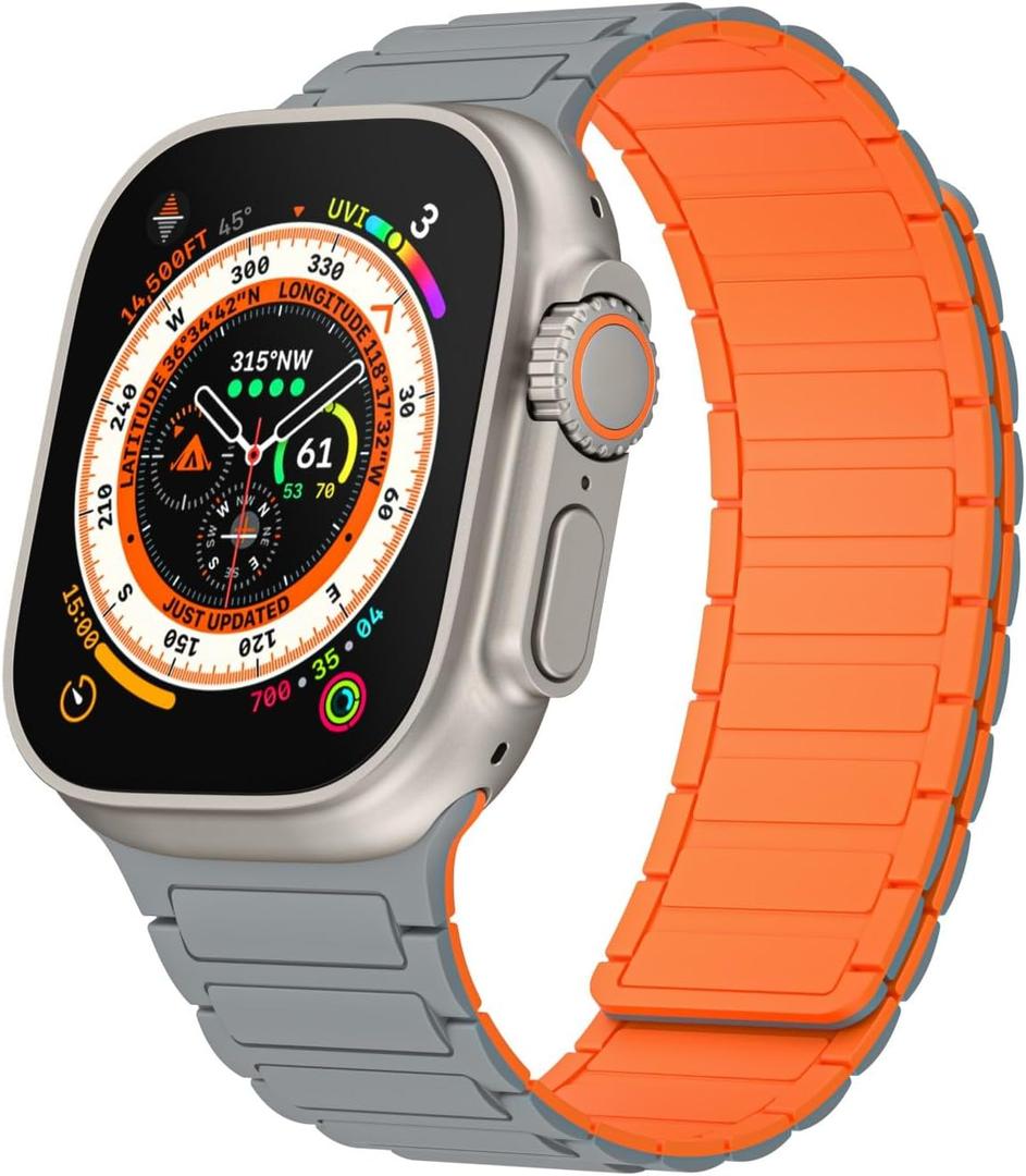 Magnetic watchband Compatible with Apple Watch Band 49mm 46mm 45mm 44mm 42mm 41mm 40mm 38mm Thin Silicone Replacement Wristband Strong Magnet link for iWatch SE SE2& Series 10/9/8/7/6/5/4 Ultra 2 (Grey Orange)