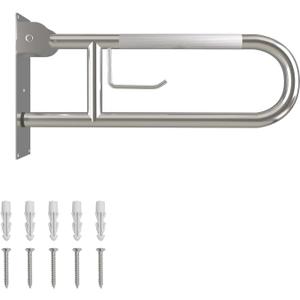 23 Inch Toilet Grab Bar, Flip Up Grab Bar with Paper Holder, Anti-Slip Safety Bars for Toilet, Stainless Steel Knurled Toilet Handles for Seniors Disabled Elderly Pregnant, Brushed Nickel