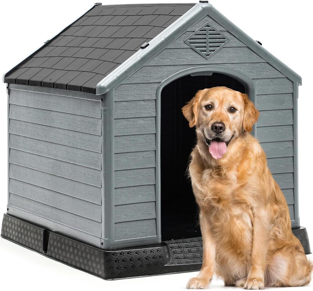 YITAHOME Plastic Dog House, Waterproof Indoor Outdoor Doghouse for Large or Small Dog, with Air Vents and Elevated Floor, Easy Assemble and Clean (Black+Gray)