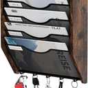 Mesh Hanging Wall File Organizer, 5-Tier File Holder Wall Mounted Magazine Rack with Hooks Wood Document Storage Mail Organizer for Office Home, Antique Brown