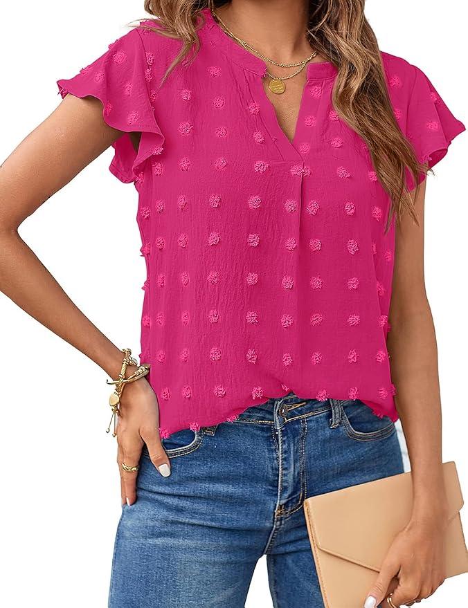 MEROKEETY Women 2025 Summer V Neck Ruffle Short Sleeve Blouse Swiss Dot Flowy Shirt Tunic Top XS