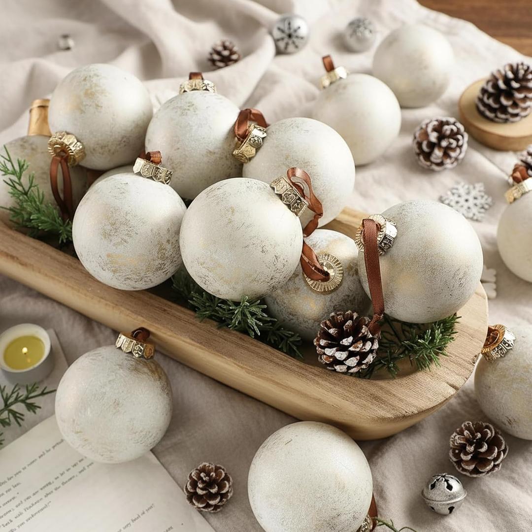 Yunlly 12 Pcs Textured Christmas Ball Ornaments 2.36'' Neutral Christmas Tree Decor Modern Vintage Brown Hanging Decor Shatterproof Home Ornaments for Rustic Large Farmhouse (Retro White)