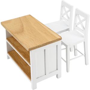 1/12 Dollhouse Kitchen Islands Dining Table Chairs Set Miniature Kitchen with Stools, Modern Wood Furniture for Dollhouse Room Decor Realistic Miniatures for Restaurant Bar Pub Barbie Crafts