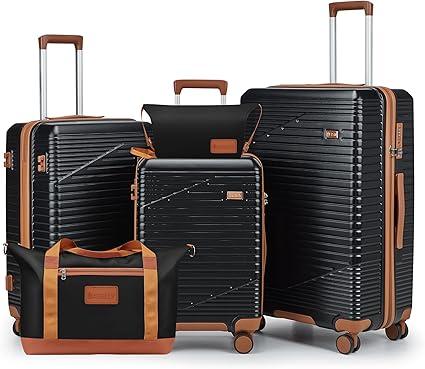 Luggage Sets 3 Piece, Hard Shell Carry on Suitcase with Spinner Wheels and TSA Lock, Travel Lightweight Luggage Set with YKK Zippers (Black, 5 piece sets（20/24/28/DB/TB)
