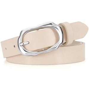 SANSTHS Womens Waist Belt with Unique Silver Irregular Buckle for Jeans Pants Dresses, Trendy Belt for Ladies, Beige M