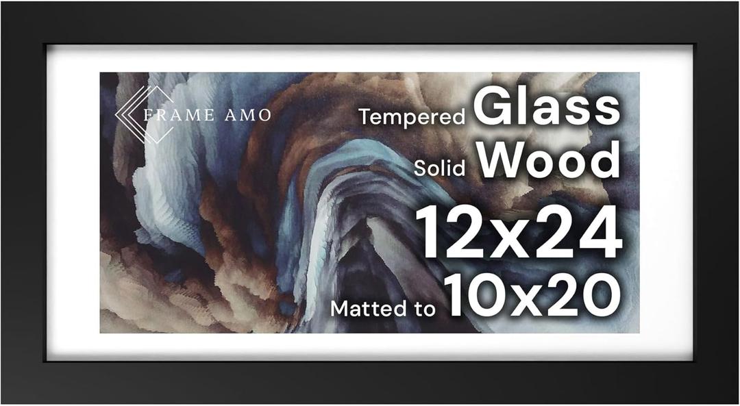 Frame Amo 12x24 Black Solid Wood Poster Frame, White Mat for 10x20 Image, Tempered Glass Front, 1.5 inch Wide, 1 inch Thick, High-End, Heavy-Duty, Gallery Grade & Acid-Free