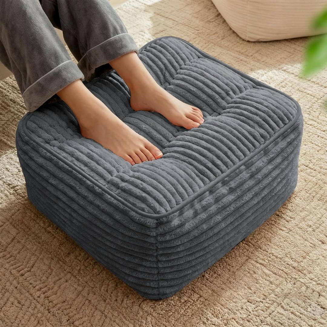 Square Pouf Ottoman, Boho Stuffed Poufs Ottoman with Memory Foam Filled 25.7 x 15.7 inches Modern Corduroy Foot Rest Stool for Living Room,Gray