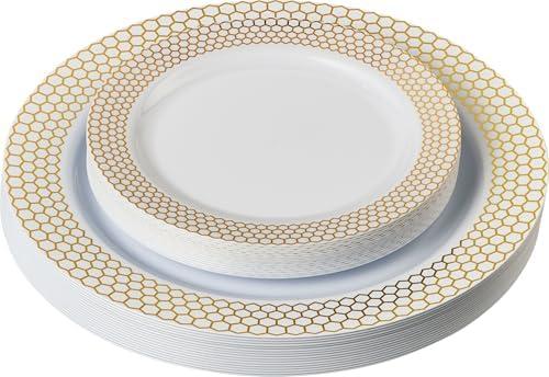 PLASTICPRO 32 Pack Elegant Disposable Plastic Plates Combo Set Includes 16 Dinner Plates and 16 Salad Plates Heavy Duty Fancy Party Plates White & Gold Honeycomb Design