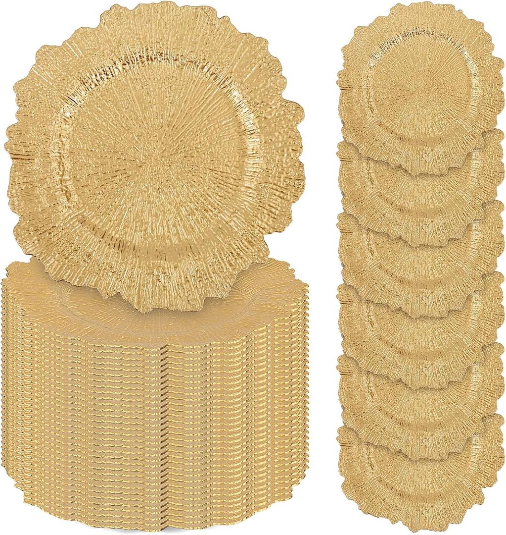 50 Pcs Gold Charger Plates Bulk, 13" Reef Plate Chargers for Dinner Plates, Plastic Floral Decorative Plates for Table Setting, Round Table Chargers for Wedding, Christmas, Party, Event, Decoration