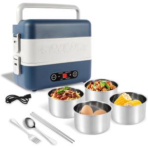 Rzlinn Electric Heated Lunch Box for Adults, 2.4L Portable Fast Heating Lunch box with 4 pcs-Food Container, 110v Double Steam Electric Food Warmer for Work, Travel, Vegetarians