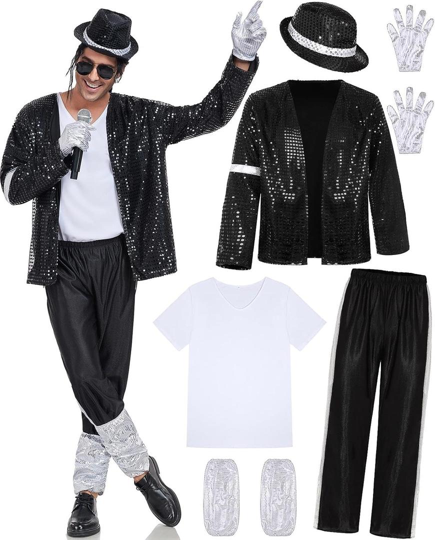 Mens Dance Star Costumes Adult 80s 90s Hip Hop Pop King Halloween Party Costumes for Men (Medium, Black)