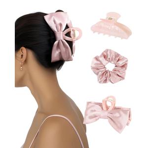HAIMEIKANG 3 PCs Hair Bow and Acrylic Hair Claw Clips with Hair Scrunchies for Women and Girls, Strong Hold Non-slip Jaw Clips for Thick Thin Hair (Pink)