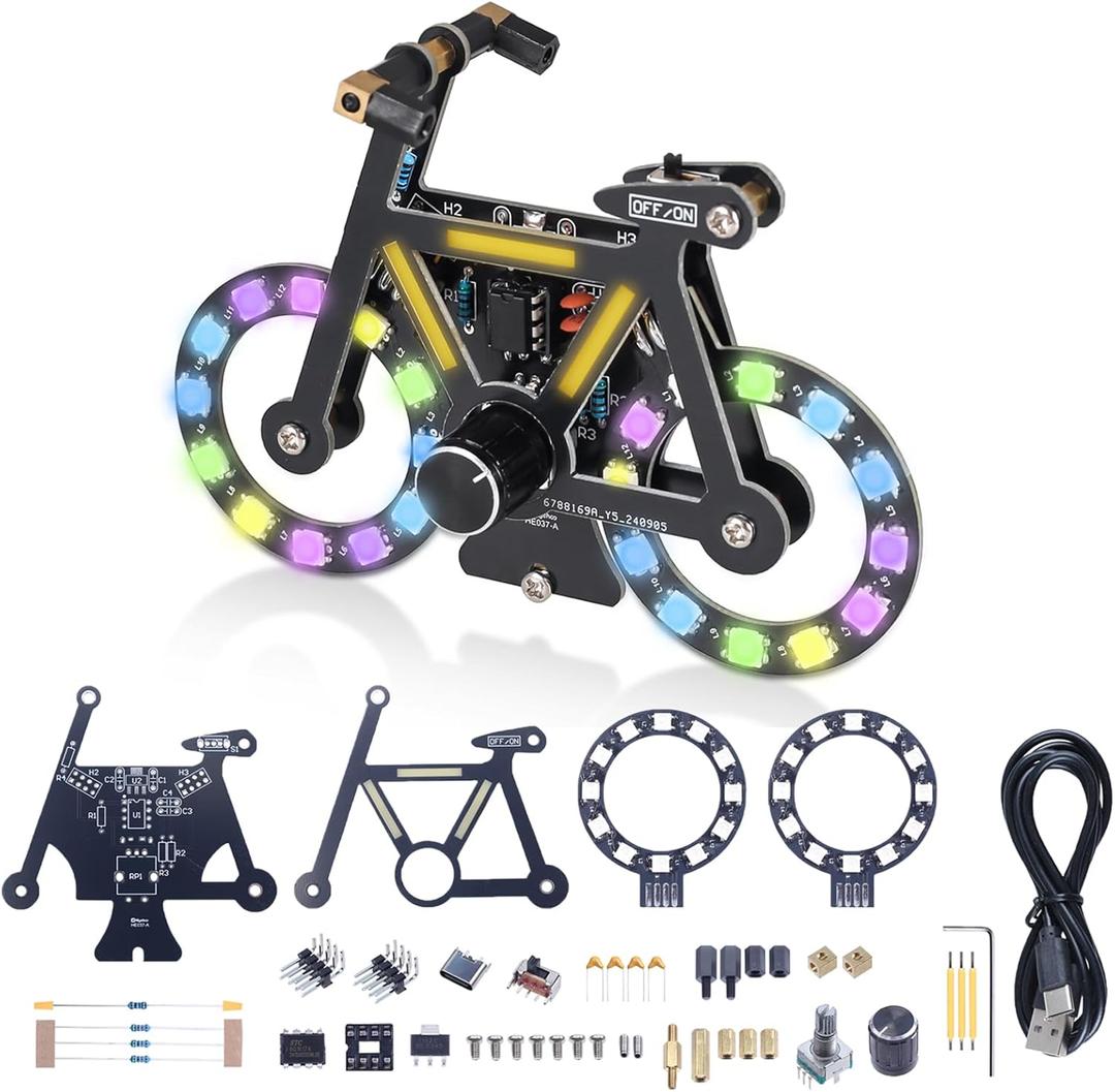 LED Bike Soldering Practice Kit, ICSTATION Knob Control Bicycle Soldering Project With 5 Lighting Modes DIY Bike Kit With LED Filament Brightness Adjustable for Education Valentine's Day Present