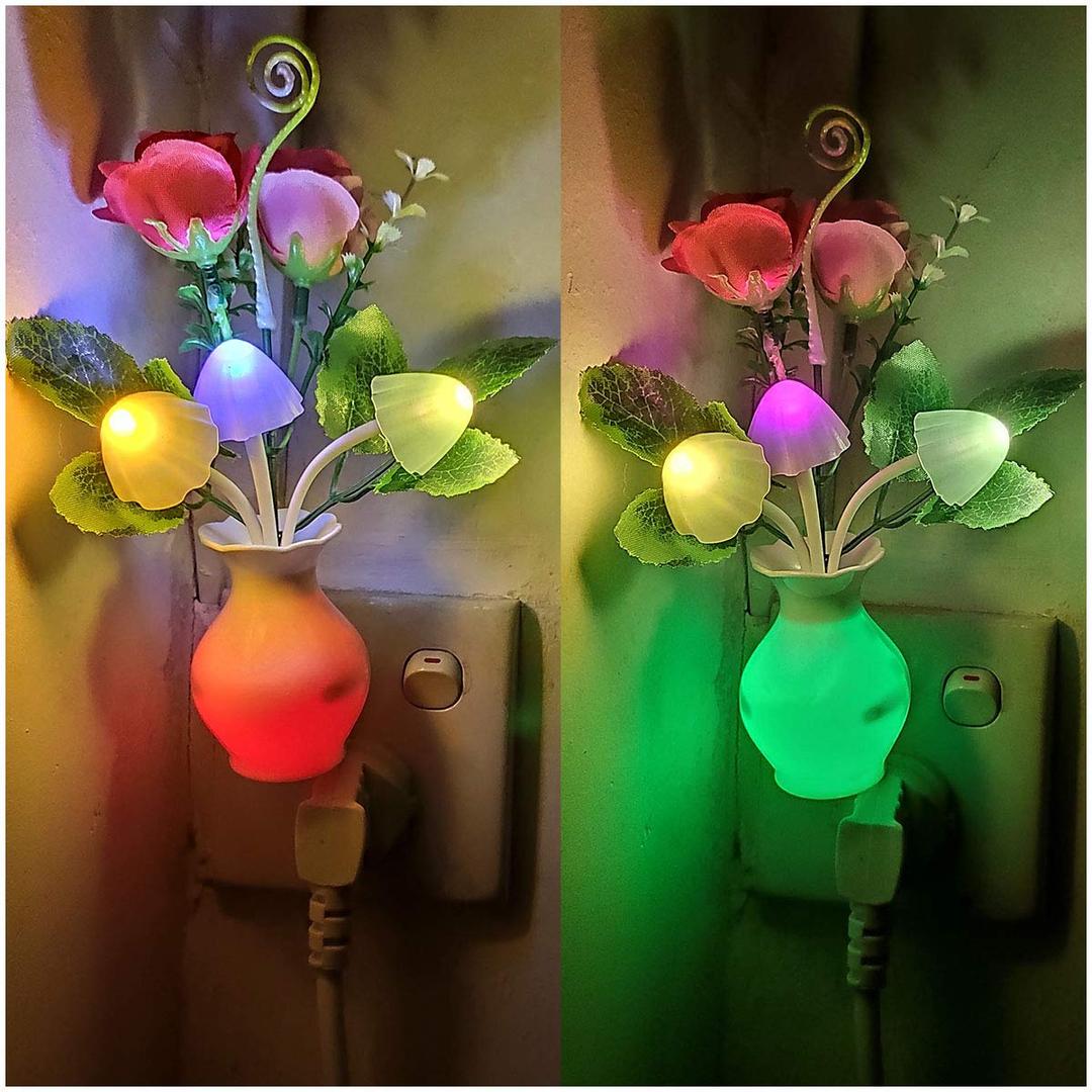 2Pack Plug in LED Night Light w/ Auto Dusk to Dawn Sensor, AUSAYE 0.5W Energy Saving Lamp Dream Nightlight Rose Flower Mushroom Lights for Kids Adults Bedroom, Bathroom, Living Room, Kitchen, Hallway