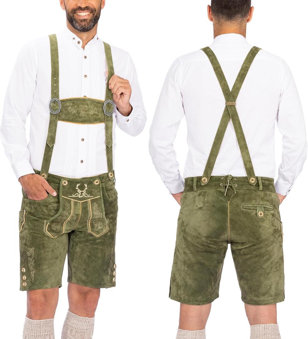BAVARIA TRACHTEN Lederhosen Men Oktoberfest Costume, Genuine Leather German, Mushroom Brown Short, Green, White, Goat (36, Cow Suede - Green) BAVARIA TRACHTEN Lederhosen Men Oktoberfest Costume, Genuine Leather German, Mushroom Brown Short, Green, White, Goat (36, Cow Suede - Green)