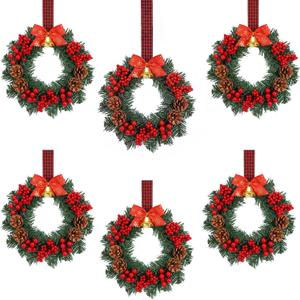 Zeyune 6 Pcs Small Christmas Wreaths for Kitchen Cabinets with Plaid Bow Ribbon Hanging Mini Christmas Cabinet Door Wreaths Decor for Kitchen Window Outdoor Indoor Holiday, 14.96 x 7.87''