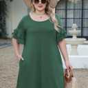 Nemidor Plus Size Casual Dresses for Curvy Women Summer Ruffle Sleeve T-Shirt Swing Mini Dress with Pocket 14-26 (Green)