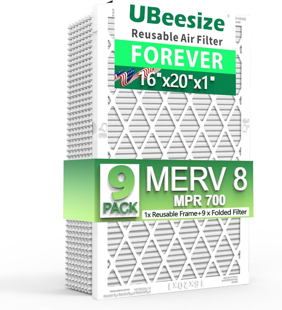 UBeesize Air Filter 16x20x1(9-Pack), MERV 8 MPR 700 AC/HVAC Furnace Air Filters,Deep Pleated Air Cleaner,1x Reusable Plastic Frame+9 x Filter Replacements,Breathe Fresher Home And Office
