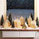 Christmas Village Set - 7 White Ceramic Houses with Remote LED Tea Lights and 8 Mini Trees, Farmhouse Christmas Decorations Indoor for Fireplace, Mantel, Tabletop, Shelves Winter Holiday Decor