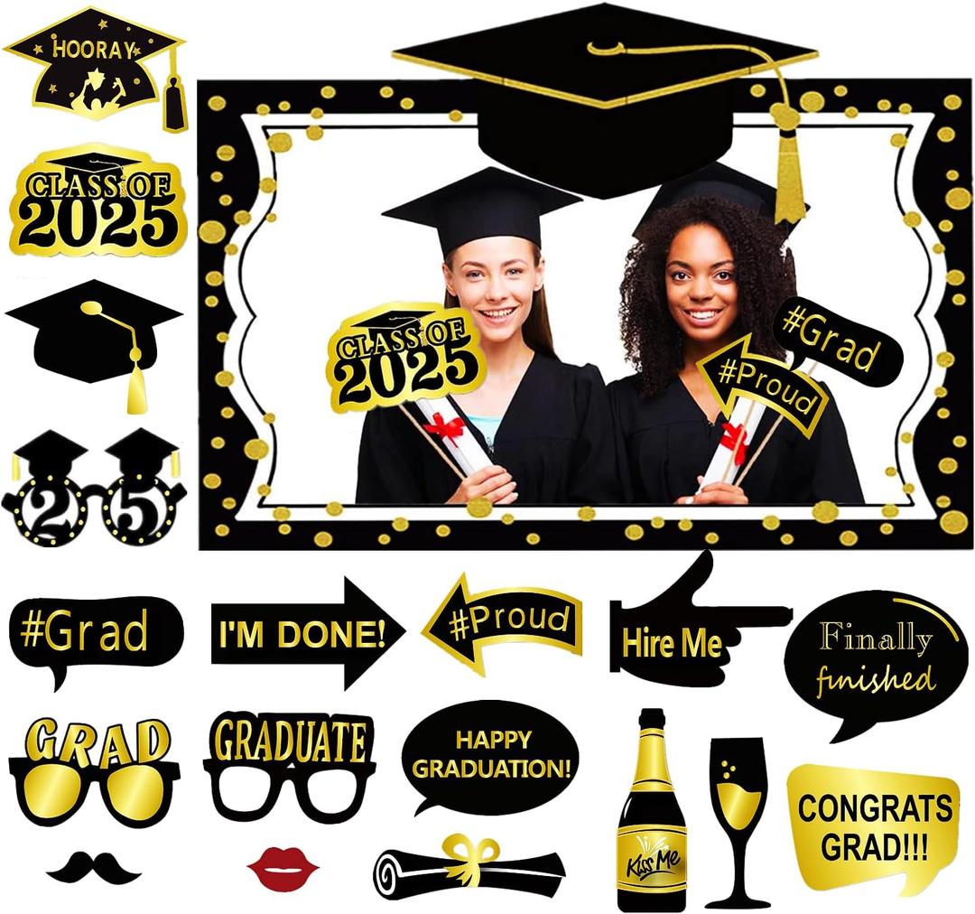 2 x Large Size Graduation Photo Frame + 18 Graduation Photo Booth Props - Grad Class of 2025 Decorations Favors