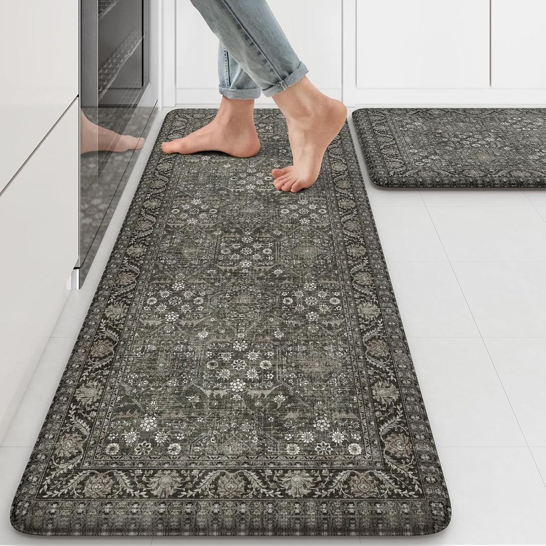KIMODE Anti Fatigue Kitchen Mat 2PCS,Waterproof Farmhouse Green Kitchen Rugs Non-Slip,Vintage Kitchen Mats for Floor,Cushioned Comfort Standing Mat for Laundry,Office,Sink,Desk,17"x47"+17"x29"